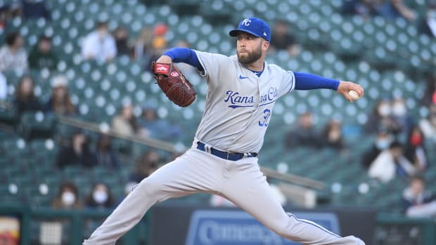 May 12, 2021; Detroit, Michigan, USA; Kansas City Royals starting pitcher Danny Duffy (30) pitches the ball during the second inning against the Detroit Tigers at Comerica Park. Mandatory Credit: Tim Fuller-USA TODAY Sports